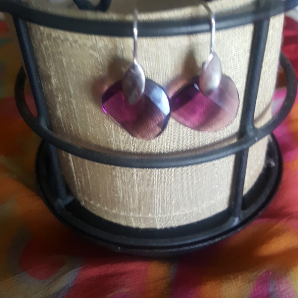 Purple cut glass earrings with silver detail